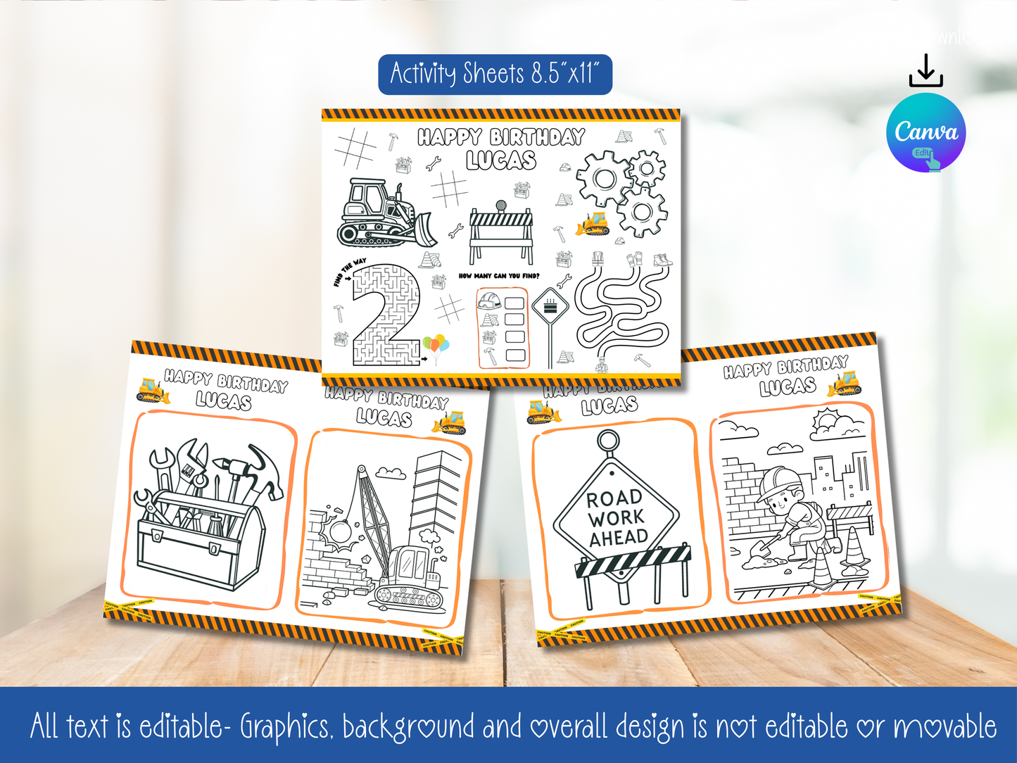 Construction Theme Party Printable (Digital Download) Canva Editable