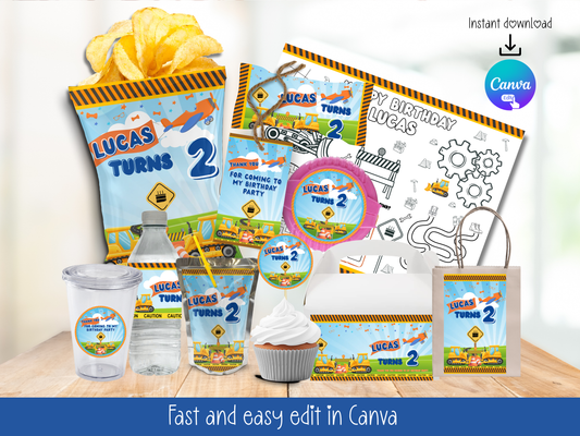 Construction Theme Party Printable (Digital Download) Canva Editable