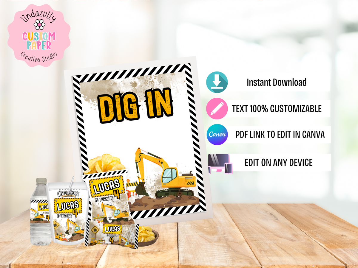 Construction Theme Party Printable (Digital Download) Canva Editable