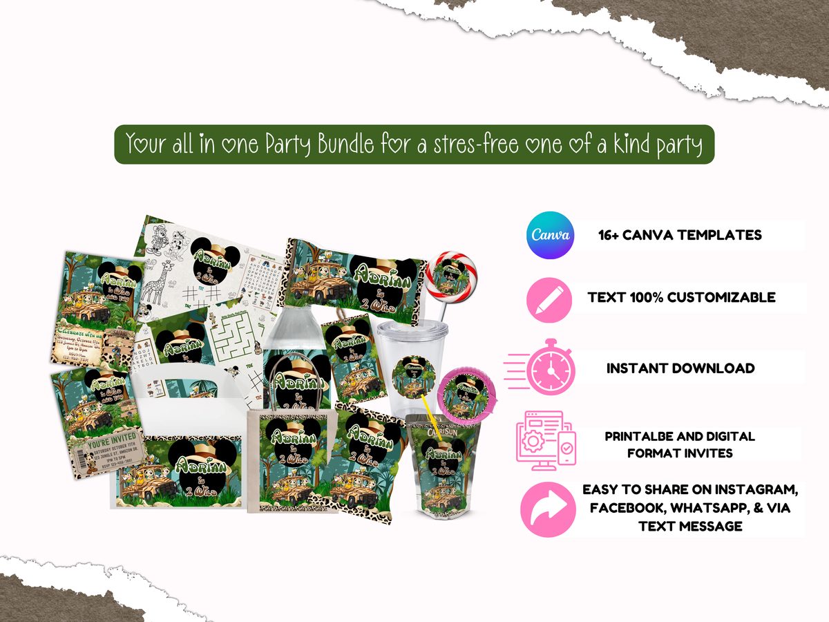 Mickey Safari Party Bundle Canva Template | Editable Jungle Birthday Decorations | Chip Bag, Capri Sun, Water Bottle Labels & More