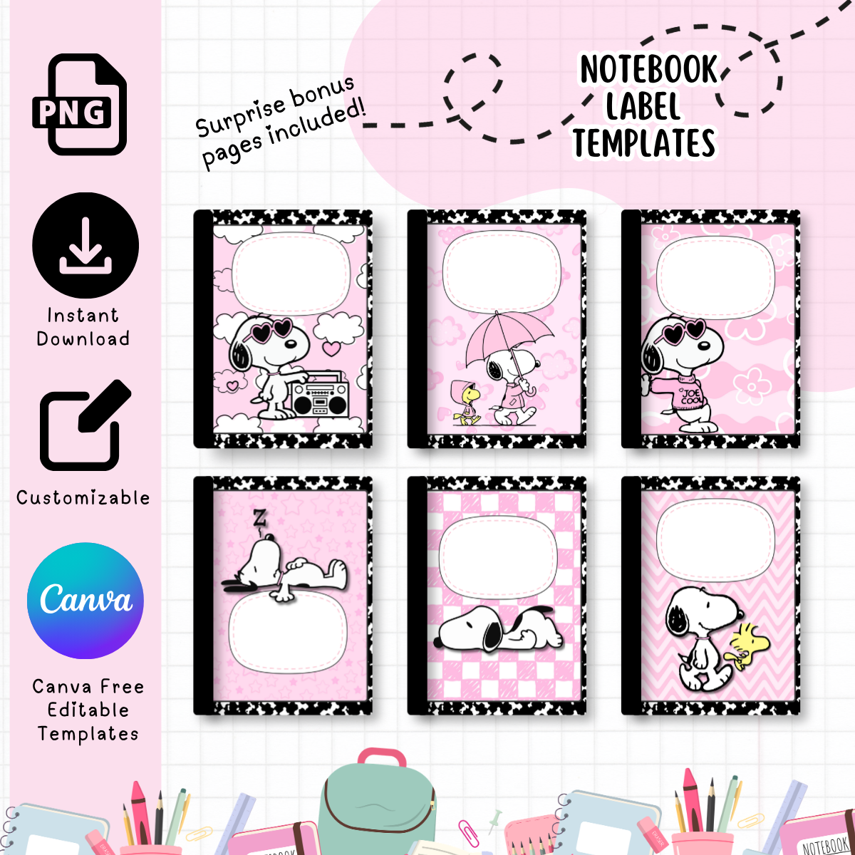 Pink Snoopy Notebook Covers| Canva Composition Notebook Template| Back to School Labels