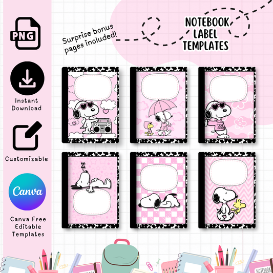 Pink Snoopy Notebook Covers| Canva Composition Notebook Template| Back to School Labels