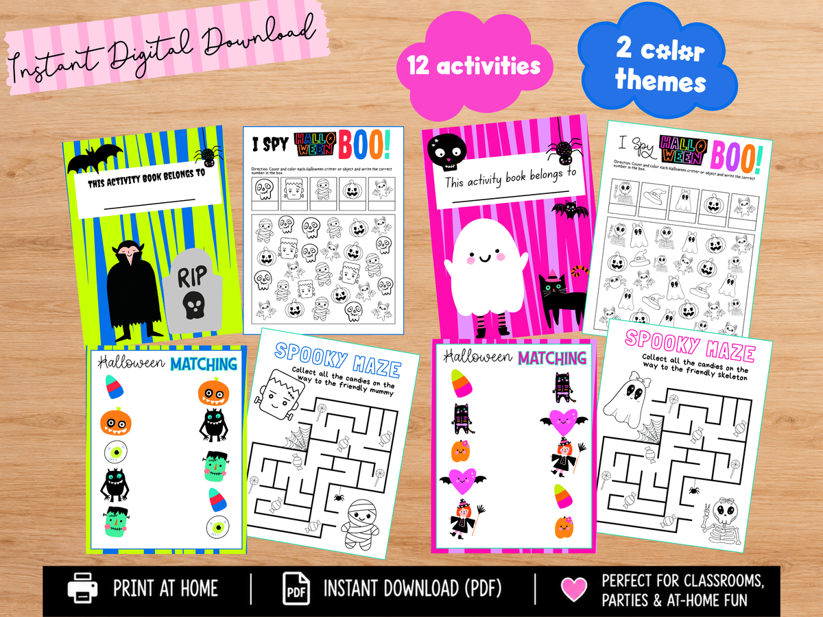 Halloween Activity Book for Kids | 12 Printable Games, Coloring, Mazes (PDF Download)