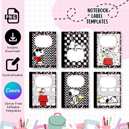 Snoopy Notebook Covers| Canva Composition Notebook Template| Back to School Labels (Copy)