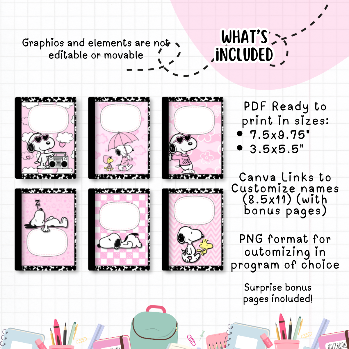 Pink Snoopy Notebook Covers| Canva Composition Notebook Template| Back to School Labels
