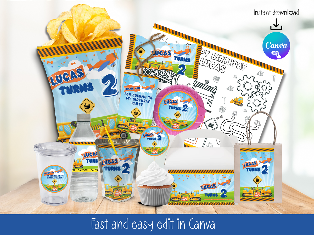 Construction Theme Party Printable (Digital Download) Canva Editable