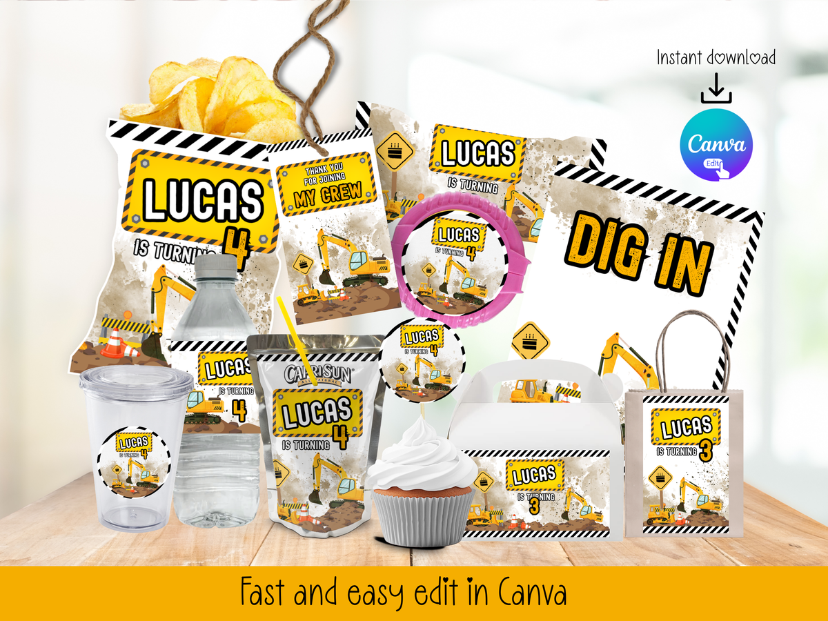Construction Theme Party Printable (Digital Download) Canva Editable