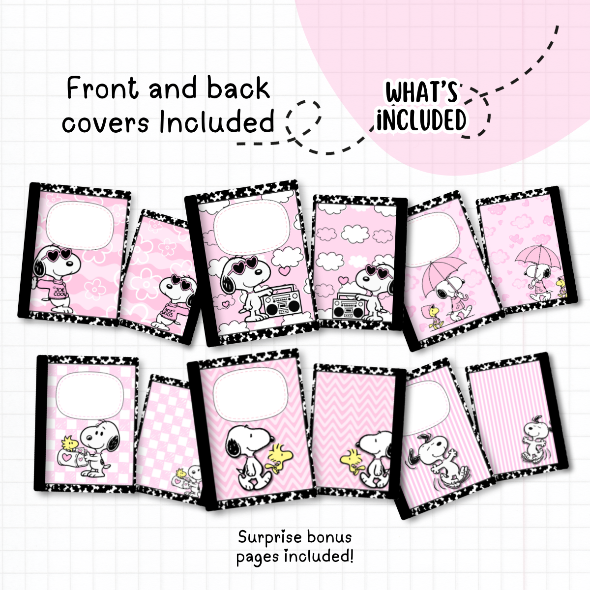 Pink Snoopy Notebook Covers| Canva Composition Notebook Template| Back to School Labels