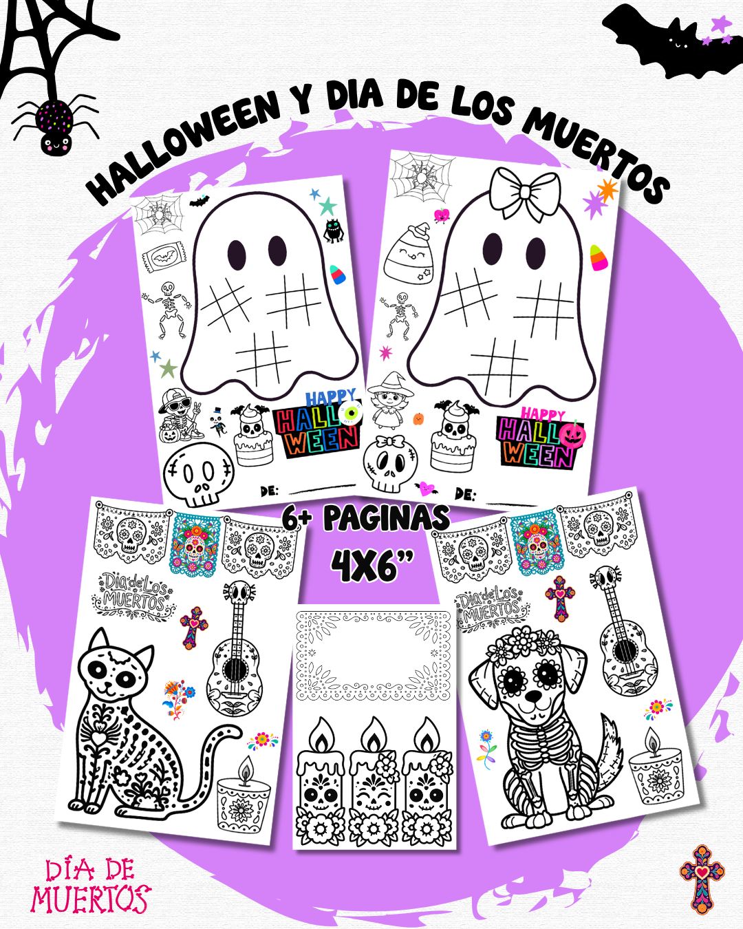 Halloween & Día de los Muertos Coloring Cards | 4 × 6" Printable PDF