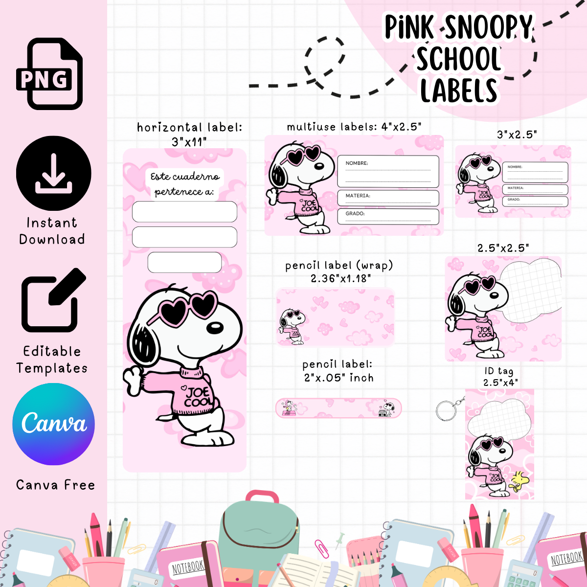 Pink Snoopy School Labels - Digital Download