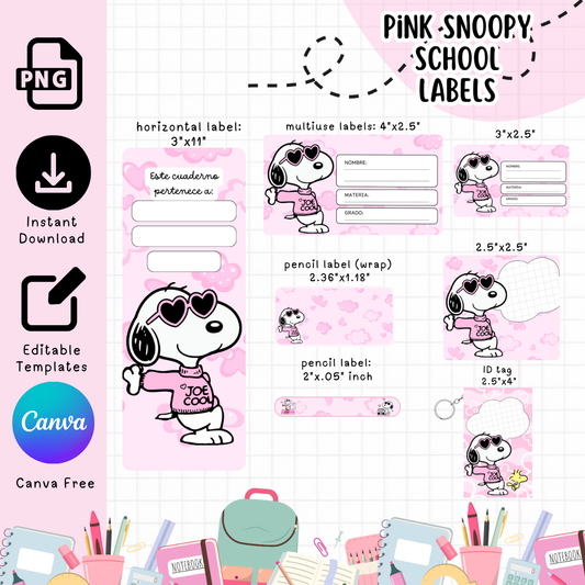 Pink Snoopy School Labels - Digital Download