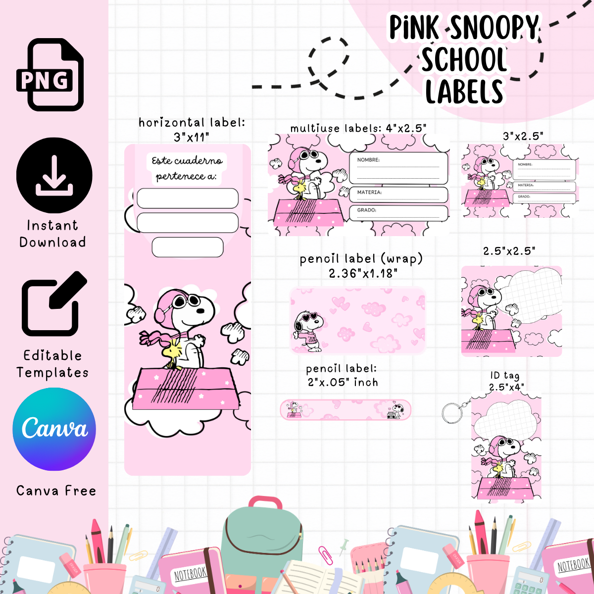 Pink Snoopy School Labels - Digital Download