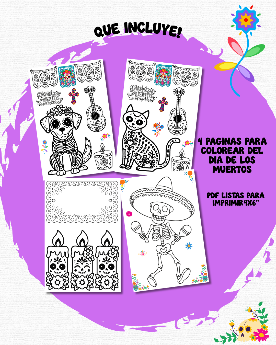 Halloween & Día de los Muertos Coloring Cards | 4 × 6" Printable PDF