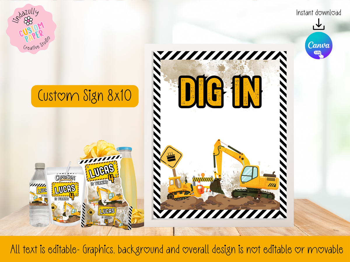 Construction Theme Party Printable (Digital Download) Canva Editable