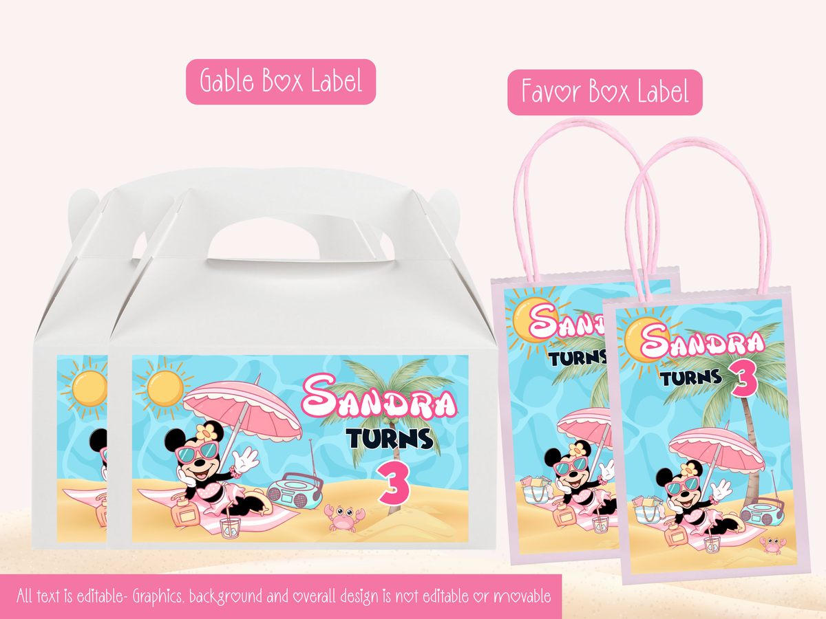 Editable Pink Mouse Beach Birthday Party Bundle – Printable DIY Decorations