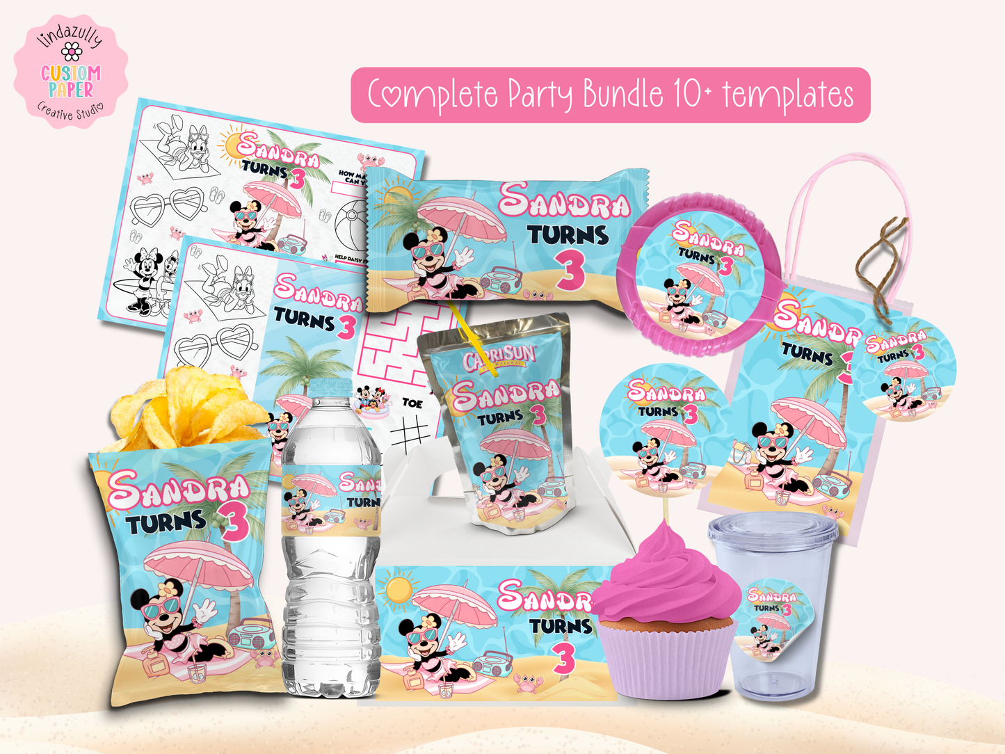 Editable Pink Mouse Beach Birthday Party Bundle – Printable DIY Decorations
