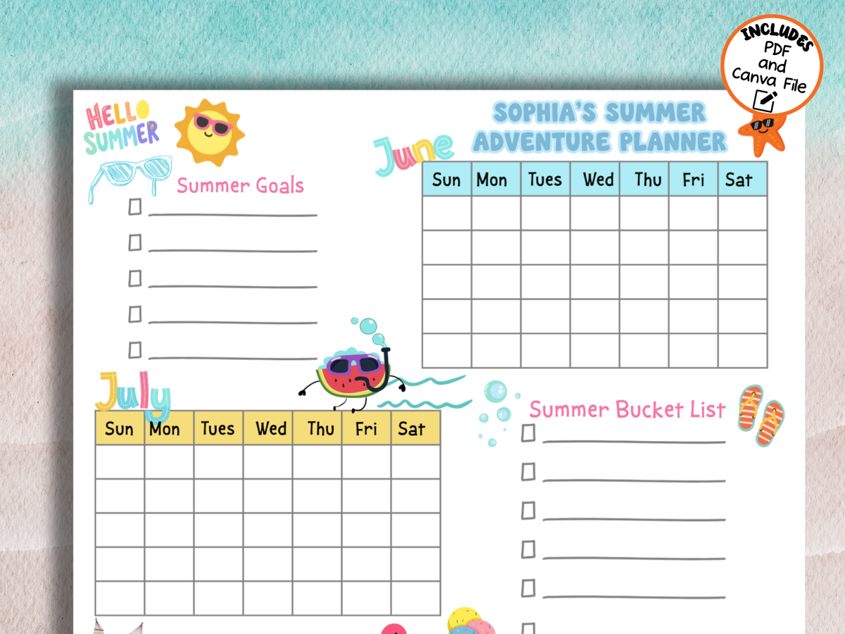 Editable Summer Planner for Kids | Canva Template + Printable PDF | Summer Bucket List, Reading Log & June–August Activity Calendar