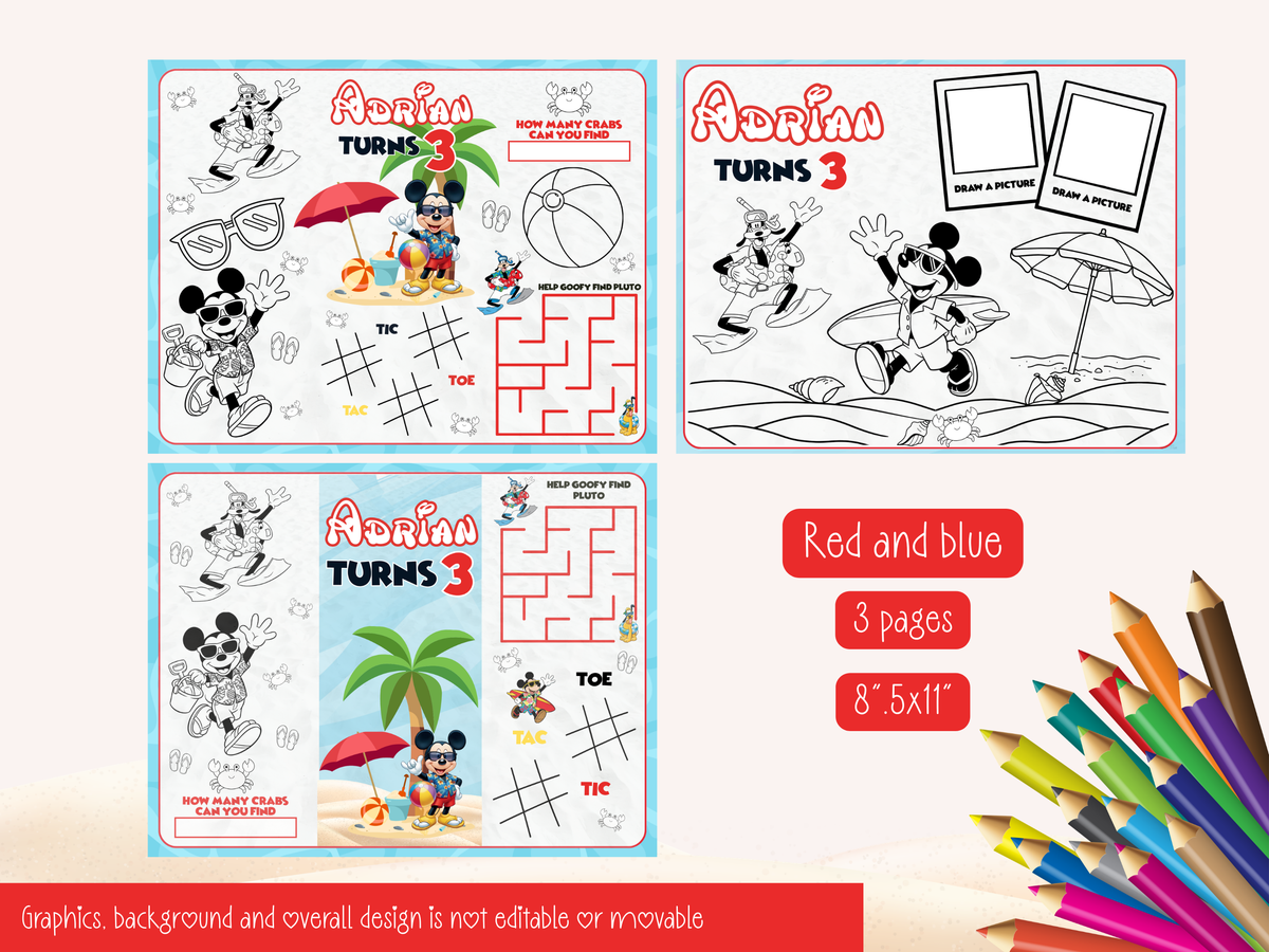 Editable Beach Mouse Party Activity Pack – Personalized Canva Templates