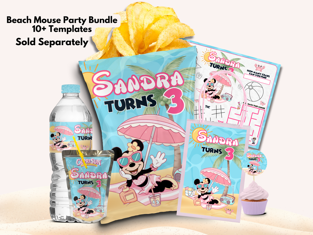 Editable Beach Mouse Party Activity Pack – Personalized Canva Templates