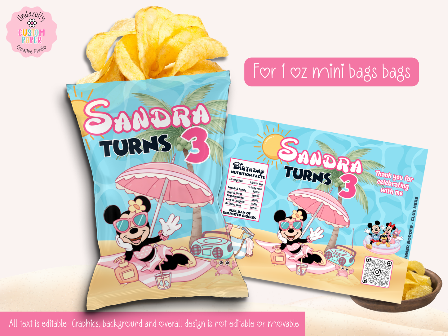 Editable Pink Mouse Beach Birthday Party Bundle – Printable DIY Decorations