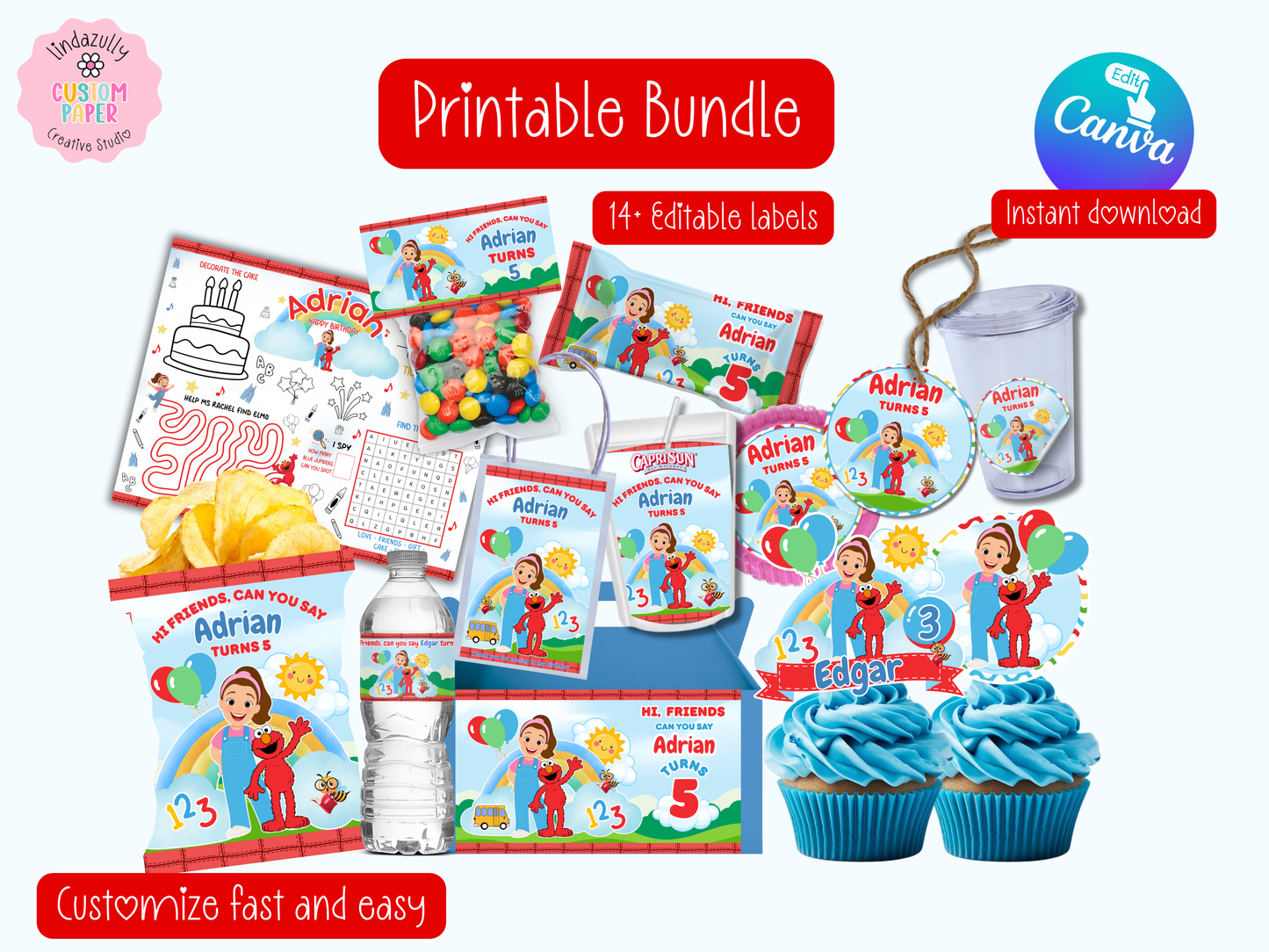 Ms Rachel and Elmo Printable Party Bundle | Canva Editable| Instant Download