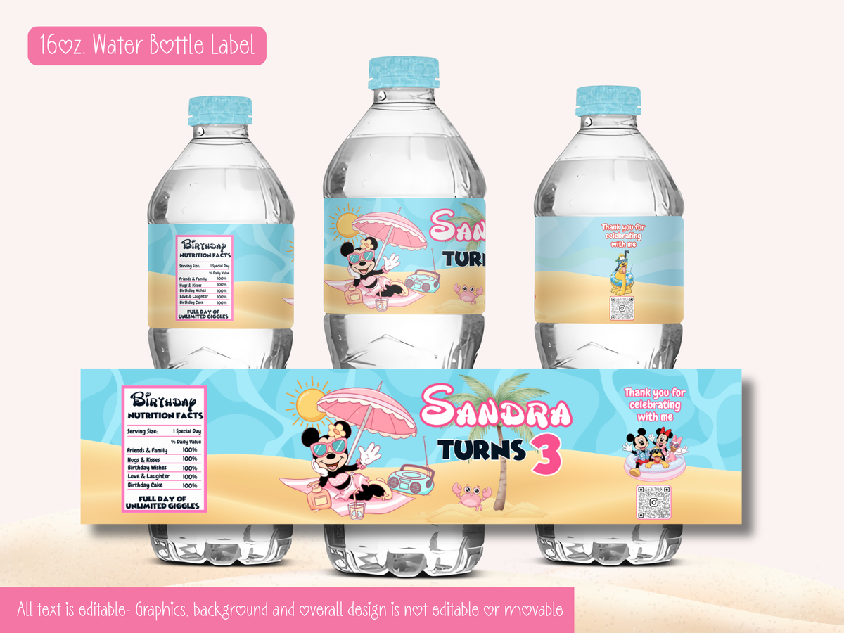 Editable Pink Mouse Beach Birthday Party Bundle – Printable DIY Decorations