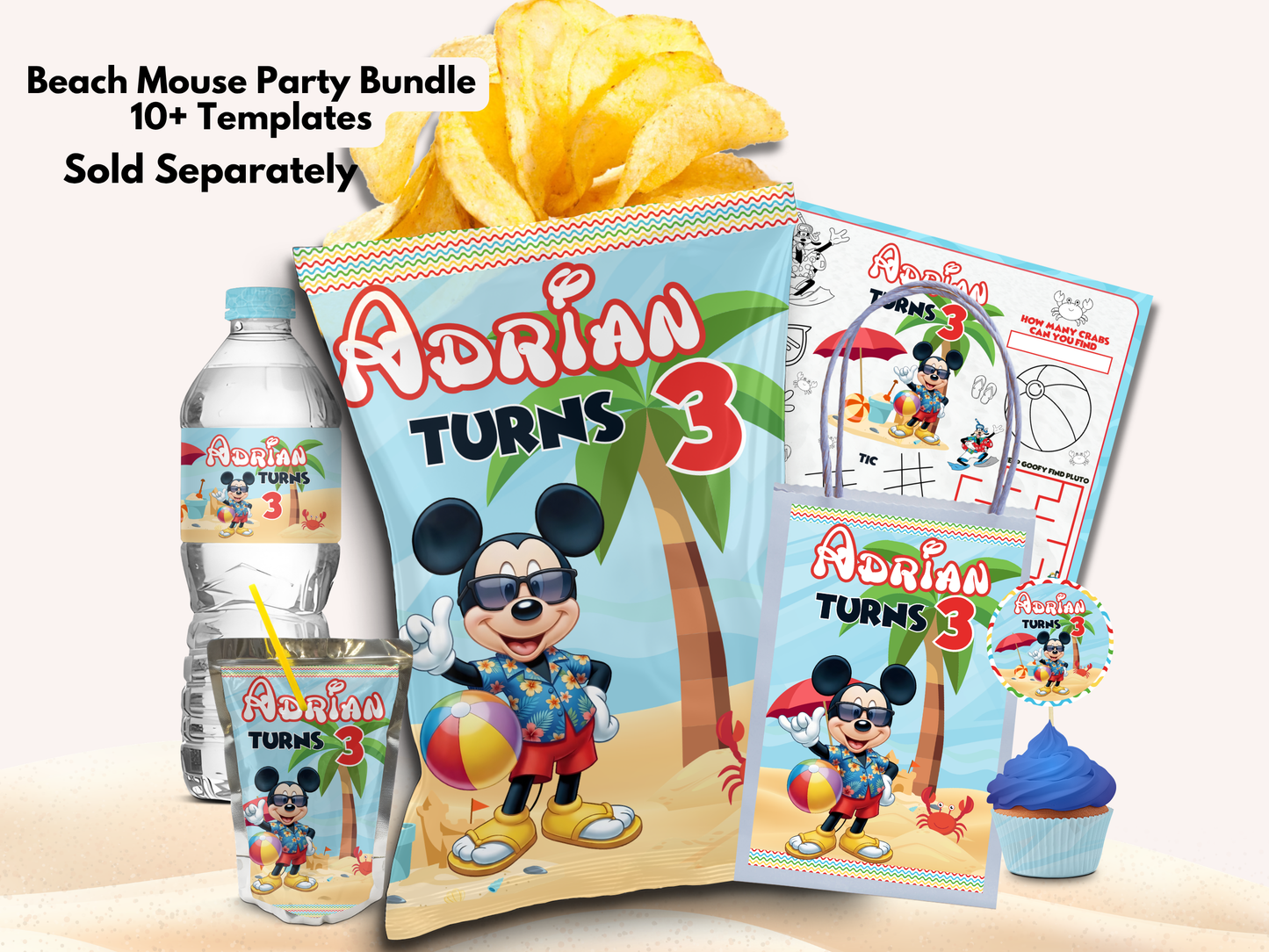 Editable Beach Mouse Party Activity Pack – Personalized Canva Templates