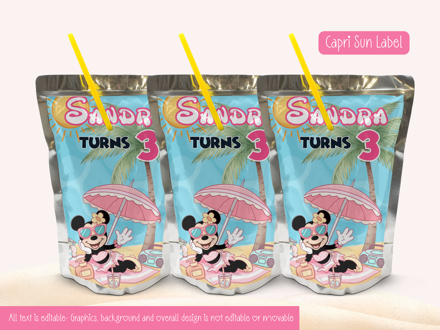 Editable Pink Mouse Beach Birthday Party Bundle – Printable DIY Decorations
