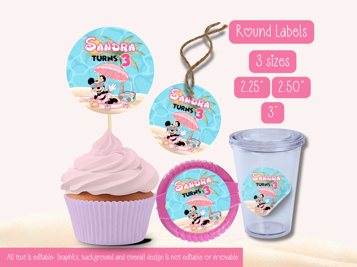 Editable Pink Mouse Beach Birthday Party Bundle – Printable DIY Decorations