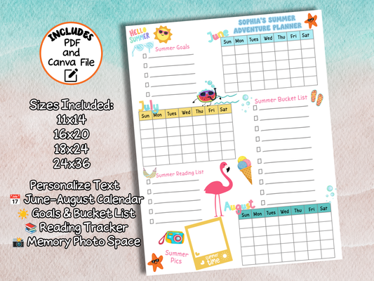 Editable Summer Planner for Kids | Canva Template + Printable PDF | Summer Bucket List, Reading Log & June–August Activity Calendar