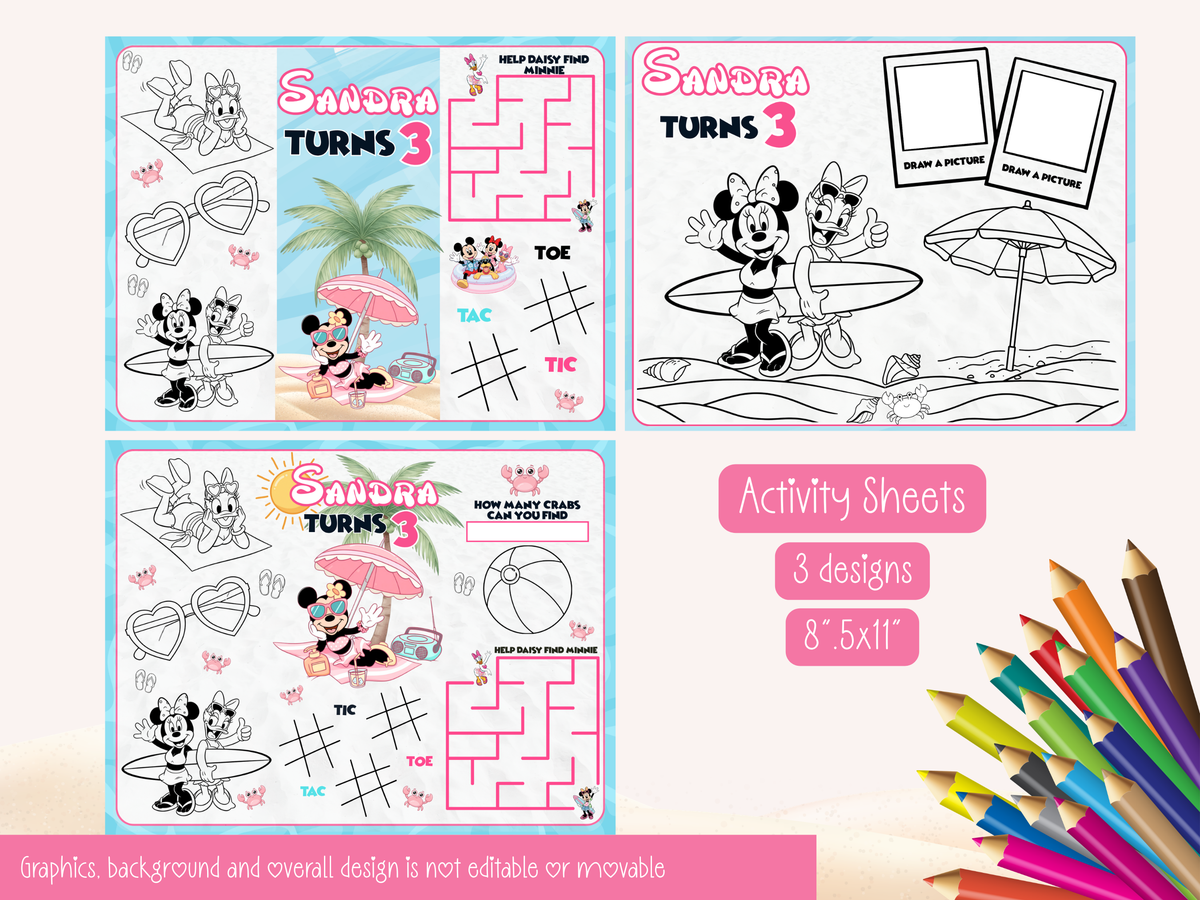 Editable Pink Mouse Beach Birthday Party Bundle – Printable DIY Decorations