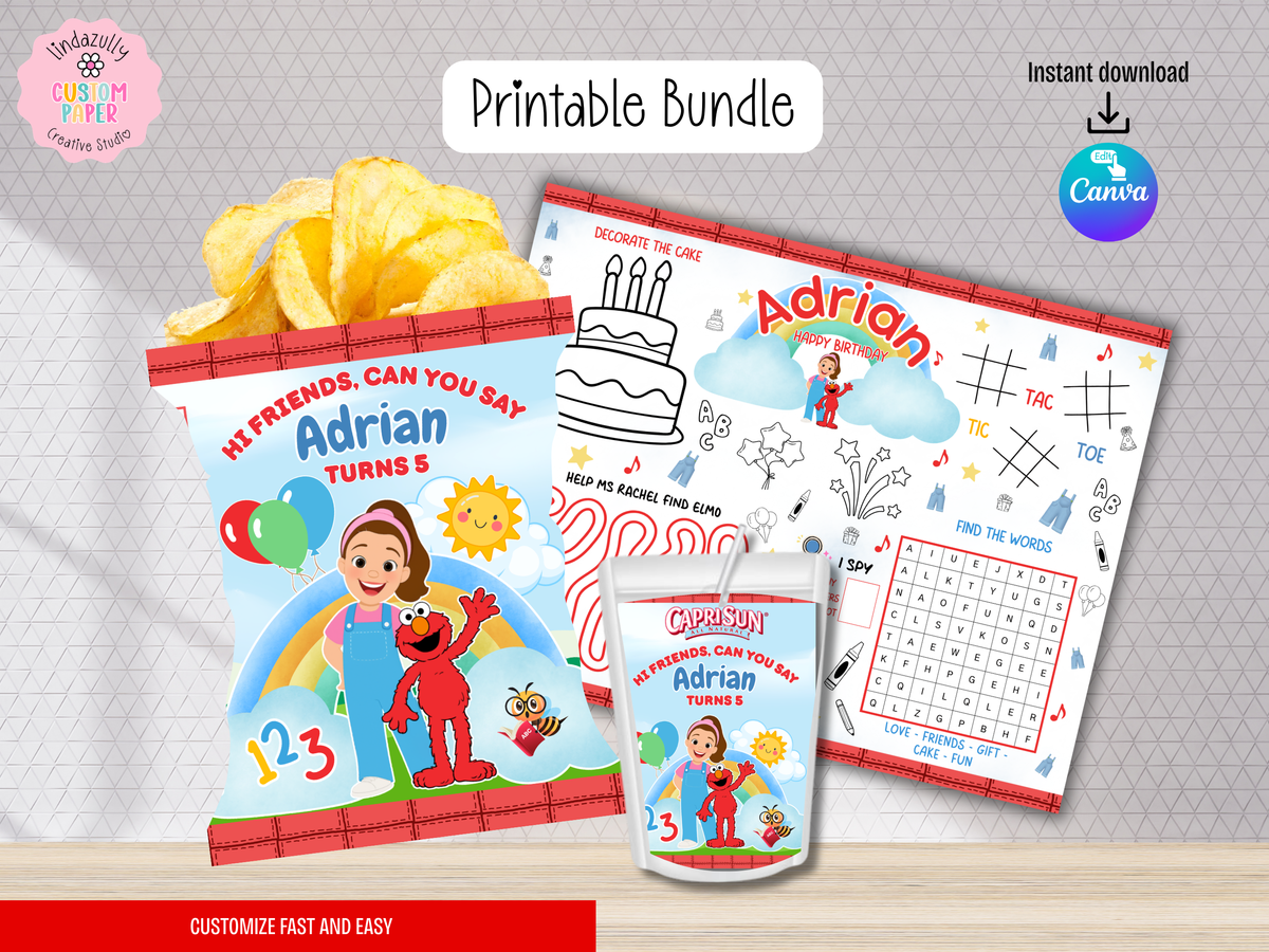 MS Rachel And Elmo Printables| Mini Birthday Party Bundle | Canva Templates (Digital Download)