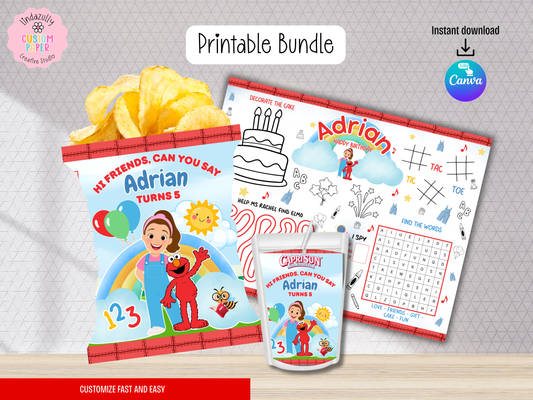 MS Rachel And Elmo Printables| Mini Birthday Party Bundle | Canva Templates (Digital Download)