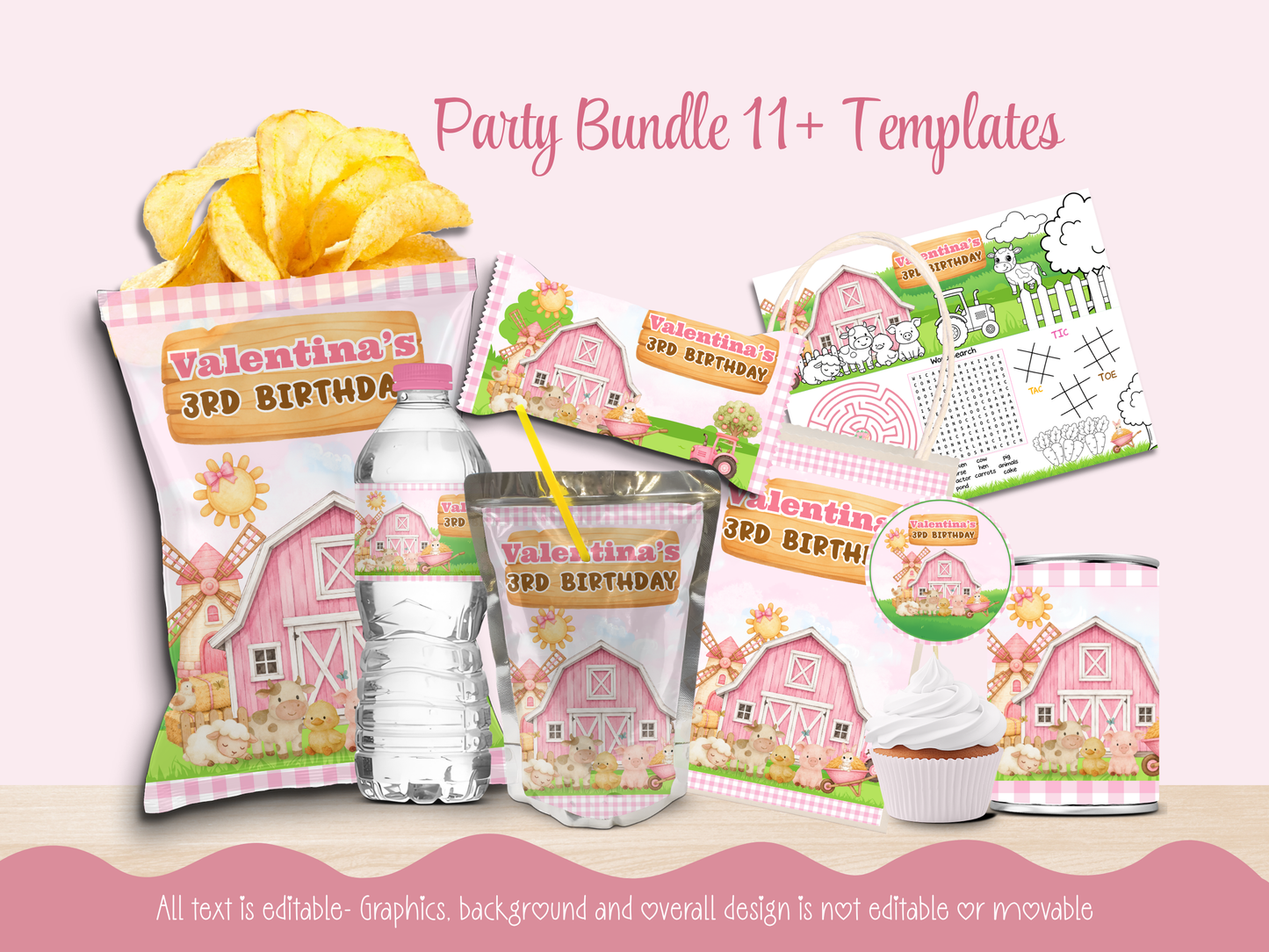 Pink Farm Party Decor Bundle| Canva Editable| Instant Download