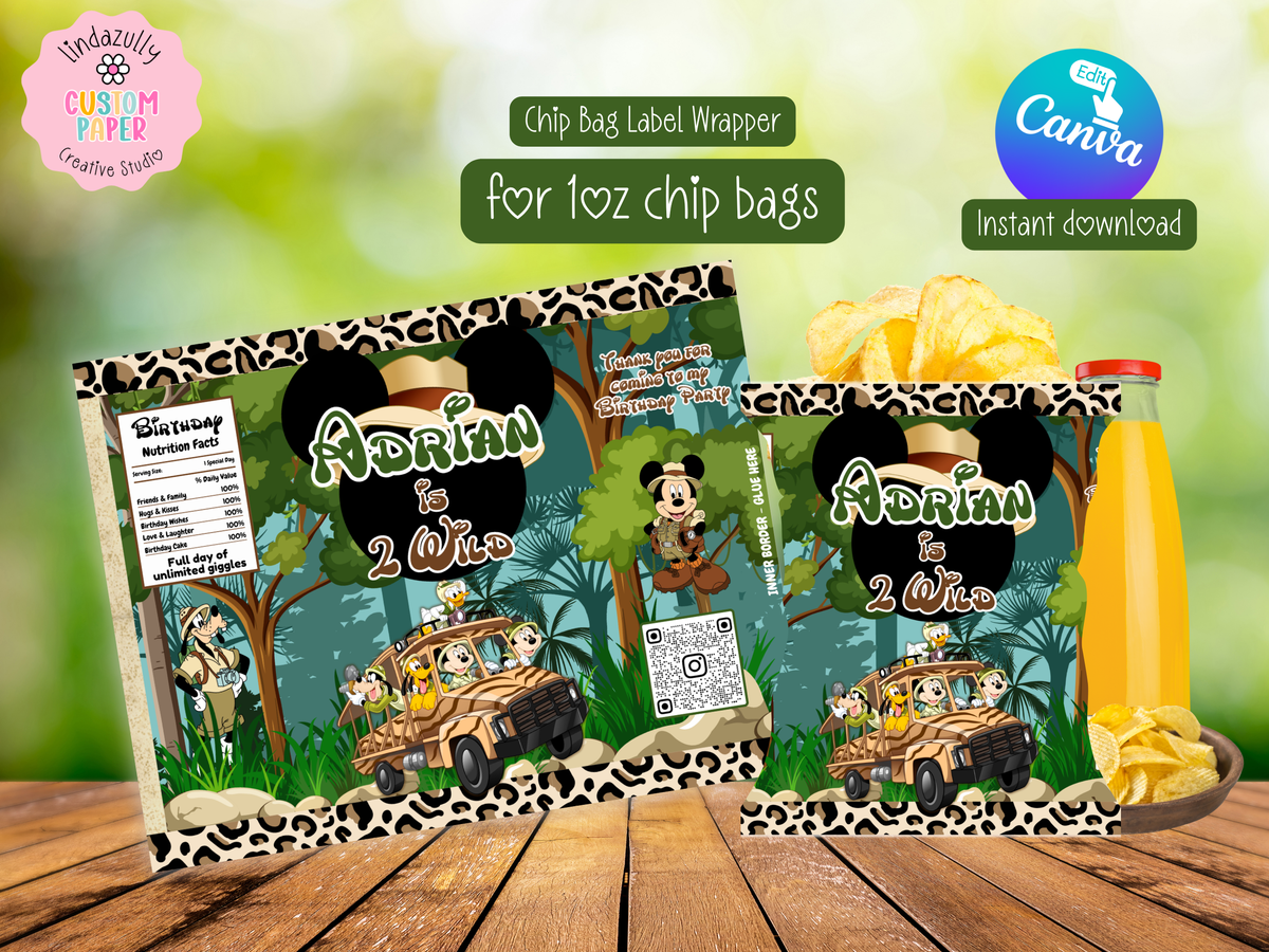 Mickey Safari Party Bundle Canva Template | Editable Jungle Birthday Decorations | Chip Bag, Capri Sun, Water Bottle Labels & More