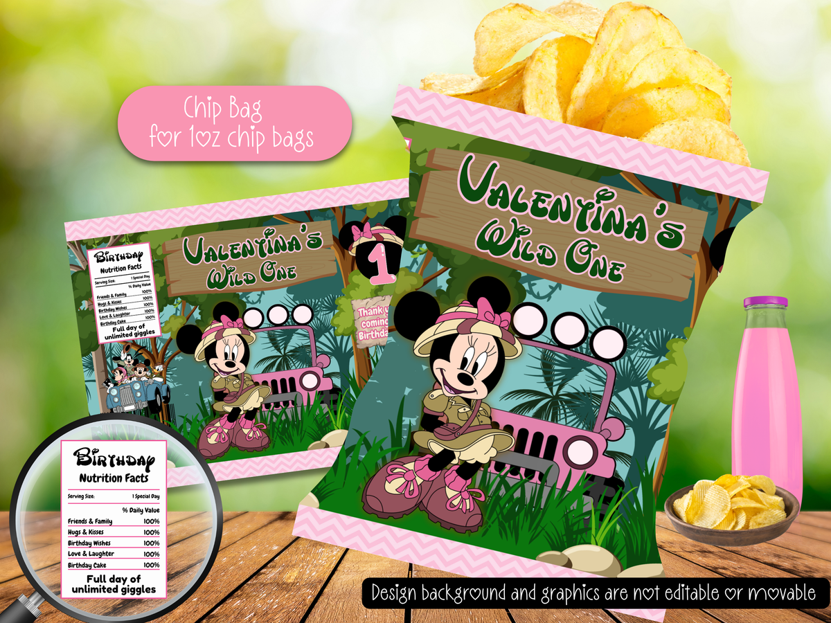 Minnie Safari Party Bundle Canva Template | Editable Jungle Birthday Decorations | Chip Bag, Capri Sun, Water Bottle Labels & More (Copy)