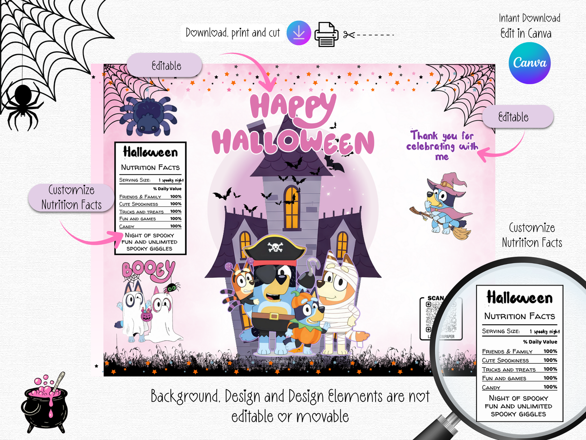 Bluey Halloween Party Bundle Template | Editable Canva Halloween Favors