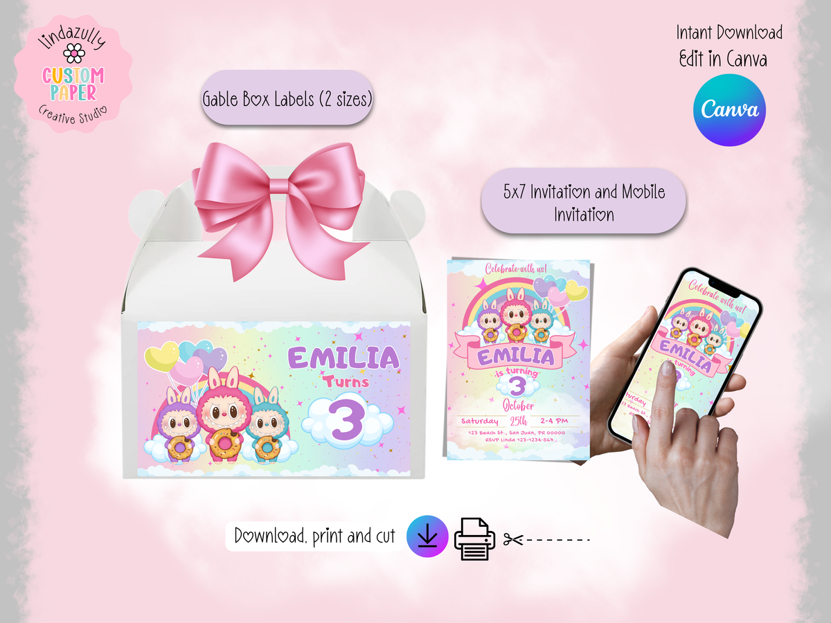 Labubu Birthday Digital Download Party Bundle: Canva Editable Bundle (Digital Download)