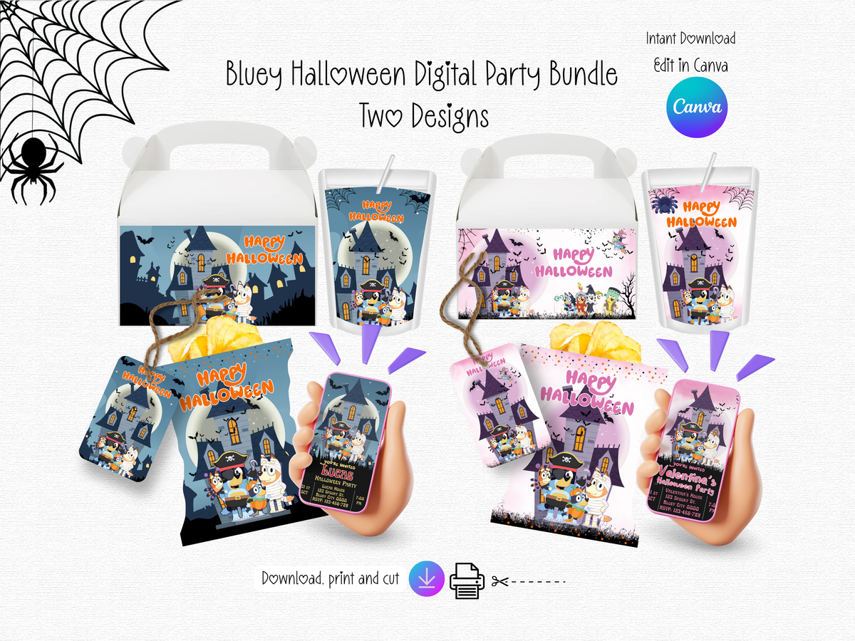 Bluey Halloween Party Bundle Template | Editable Canva Halloween Favors