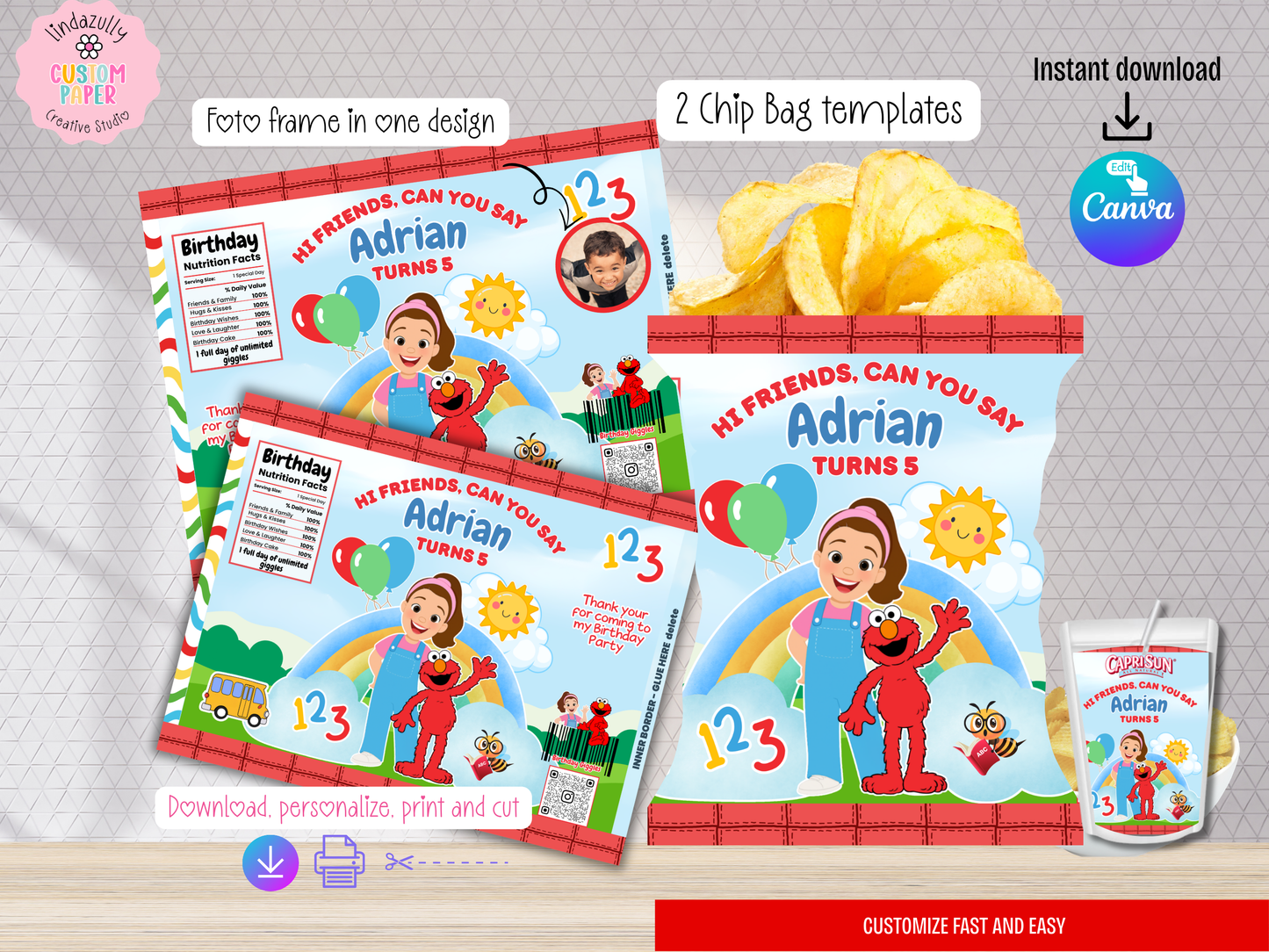 MS Rachel And Elmo Printables| Mini Birthday Party Bundle | Canva Templates (Digital Download)