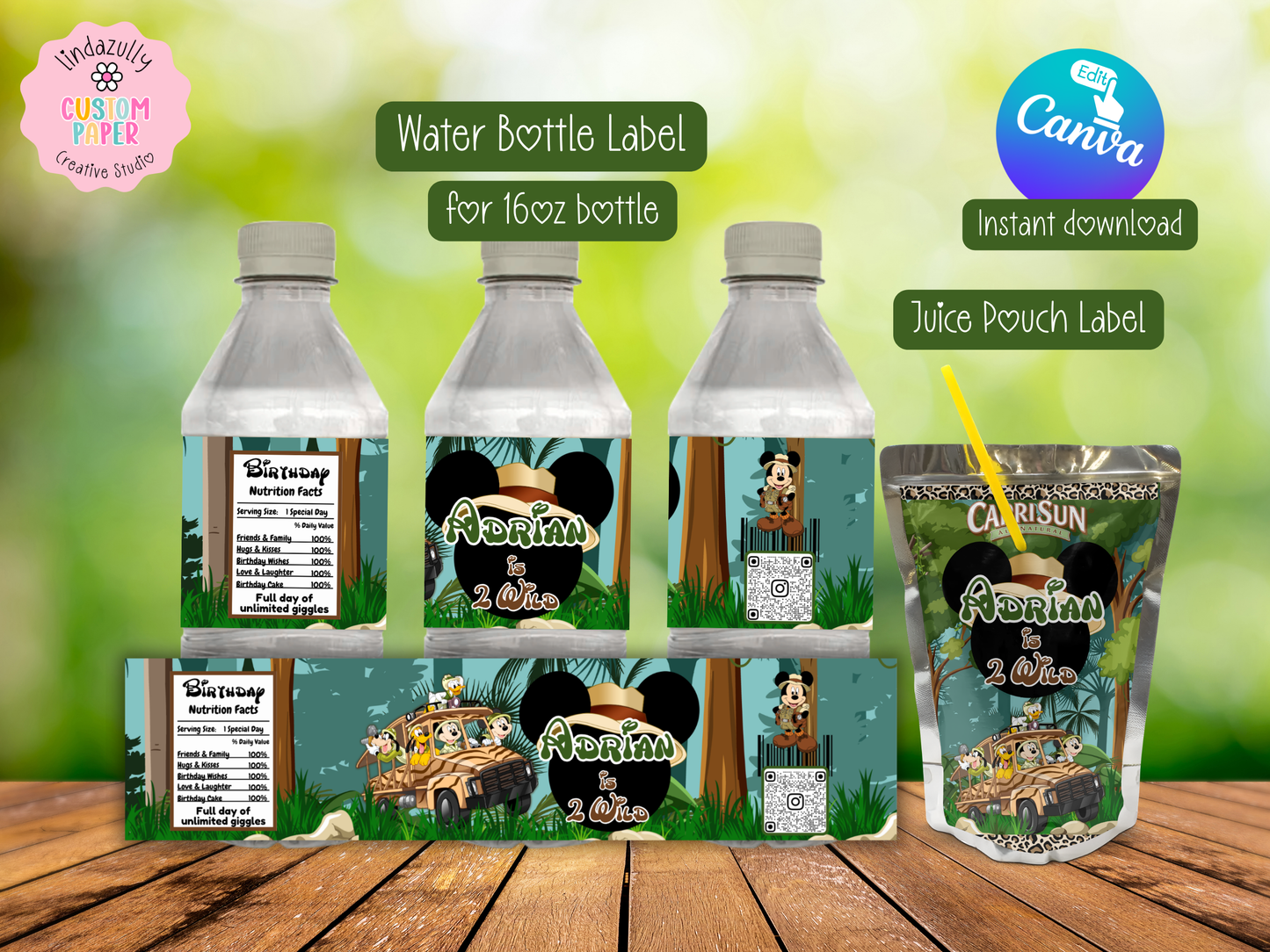 Mickey Safari Party Bundle Canva Template | Editable Jungle Birthday Decorations | Chip Bag, Capri Sun, Water Bottle Labels & More
