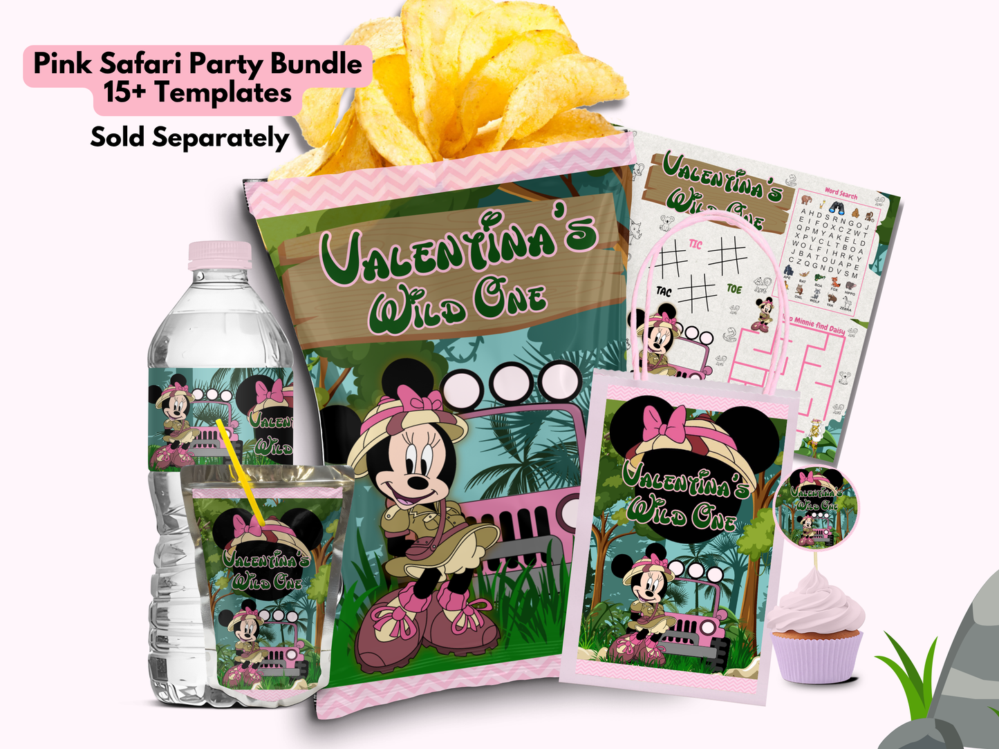 Minnie Safari Favor Bundle| Pink Safari Party Bundle | Editable Canva Template (Instant Download)