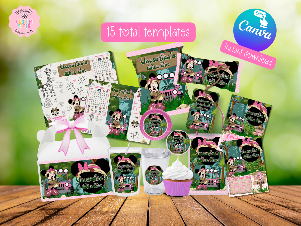 Minnie Safari Party Bundle Canva Template | Editable Jungle Birthday Decorations | Chip Bag, Capri Sun, Water Bottle Labels & More (Copy)