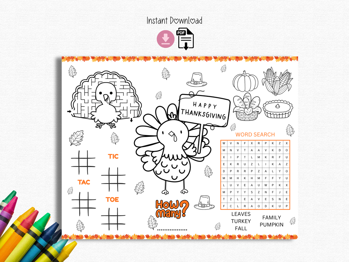 Thanksgiving Activity Placemats | Kids Games, Coloring Pages (PDF Download)
