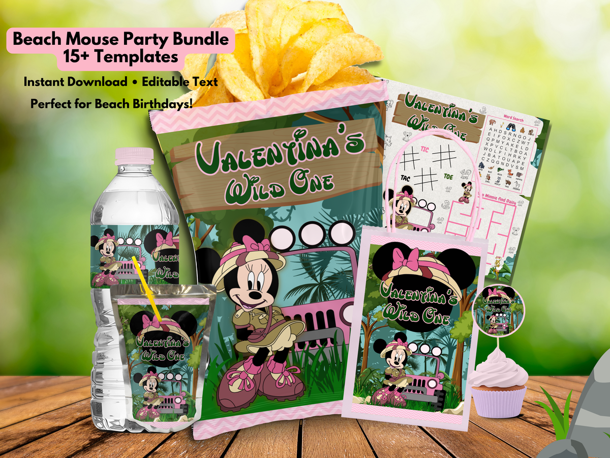 Minnie Safari Party Bundle Canva Template | Editable Jungle Birthday Decorations | Chip Bag, Capri Sun, Water Bottle Labels & More (Copy)