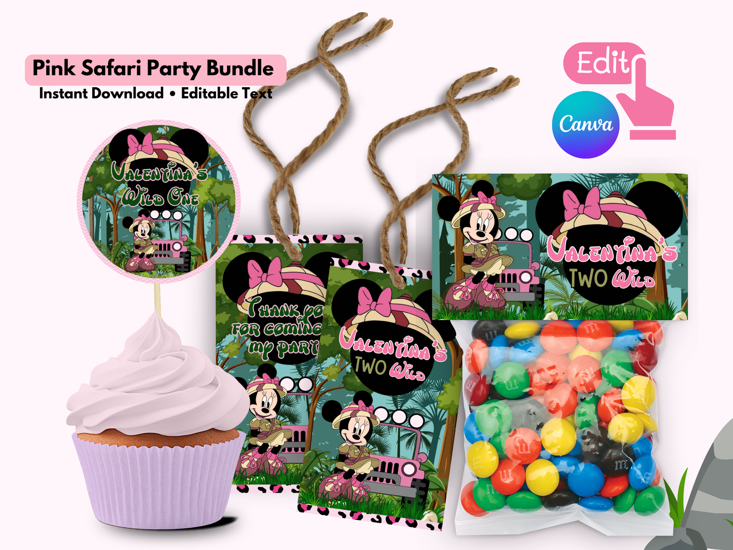 Minnie Safari Favor Bundle| Pink Safari Party Bundle | Editable Canva Template (Instant Download)