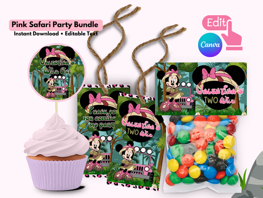 Minnie Safari Favor Bundle| Pink Safari Party Bundle | Editable Canva Template (Instant Download)