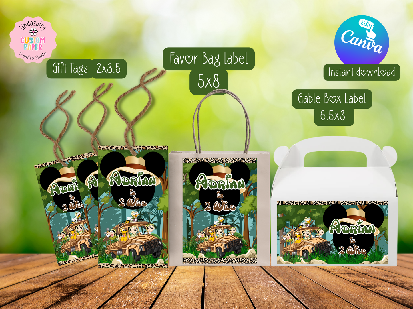 Mickey Safari Party Bundle Canva Template | Editable Jungle Birthday Decorations | Chip Bag, Capri Sun, Water Bottle Labels & More