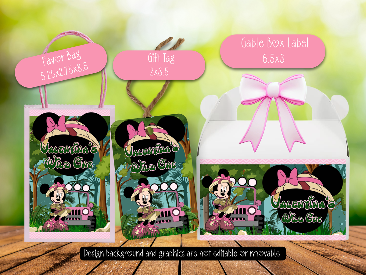 Minnie Safari Party Bundle Canva Template | Editable Jungle Birthday Decorations | Chip Bag, Capri Sun, Water Bottle Labels & More (Copy)
