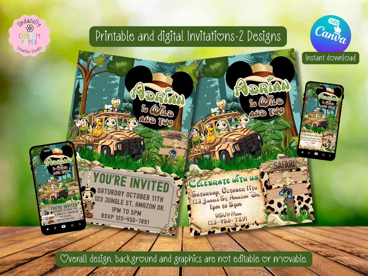 Mickey Safari Party Bundle Canva Template | Editable Jungle Birthday Decorations | Chip Bag, Capri Sun, Water Bottle Labels & More